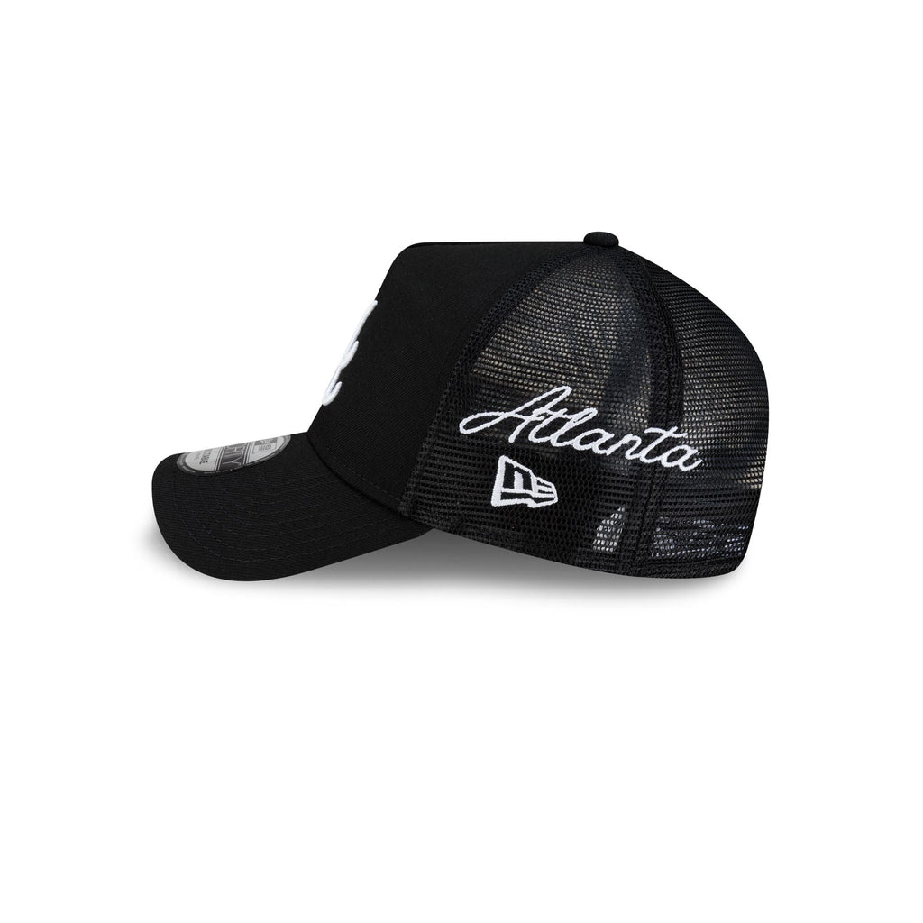 Atlanta Braves Side Script Black 9FORTY A-Frame Trucker Hat